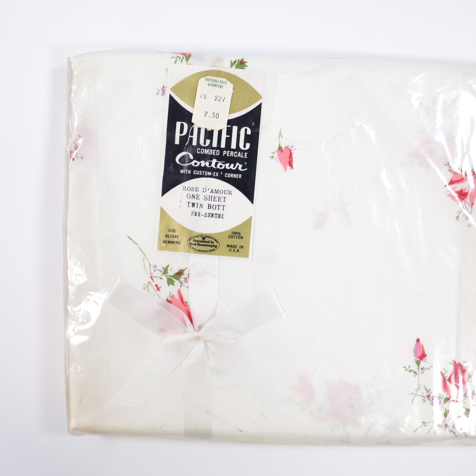 Vtg Bed Sheet Shabby Pink Roses Floral Flowers NOS New Twin Fitted 1960s USA
