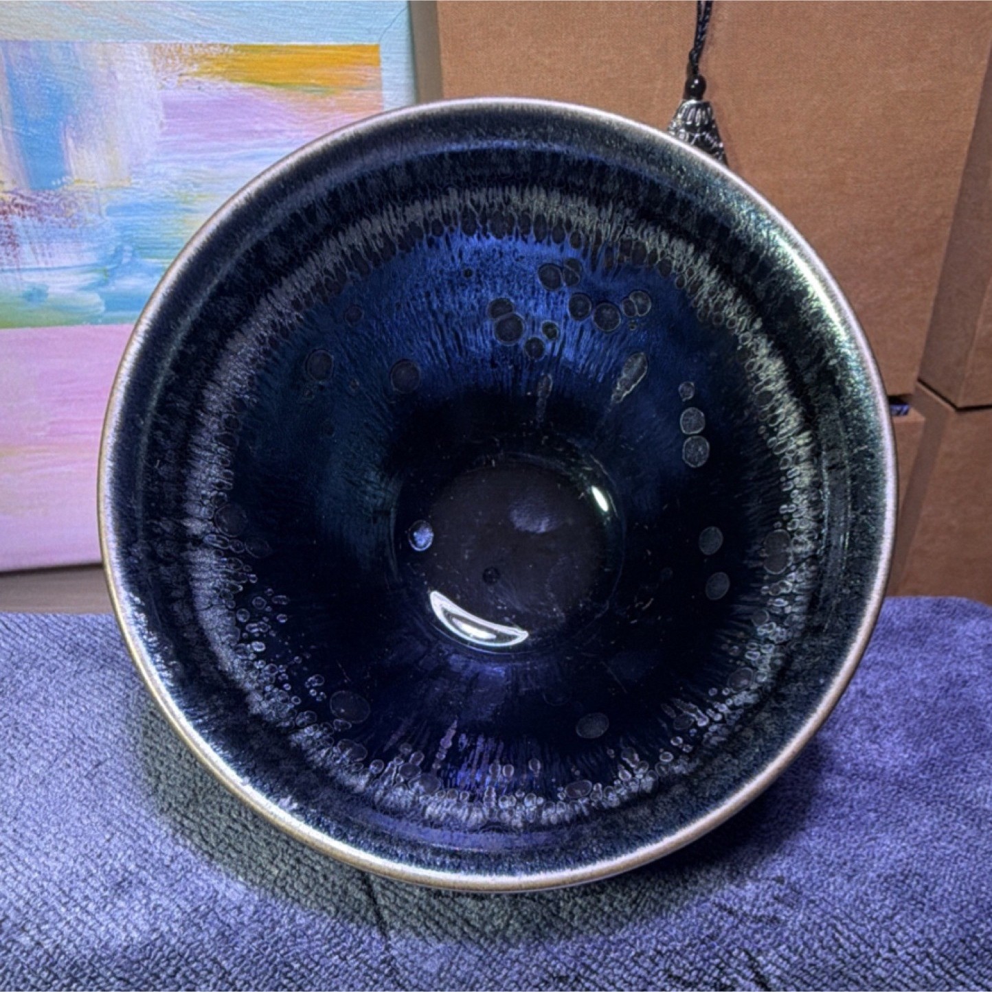 Japanese handmade teacup blue crystalline glaze Collectible  