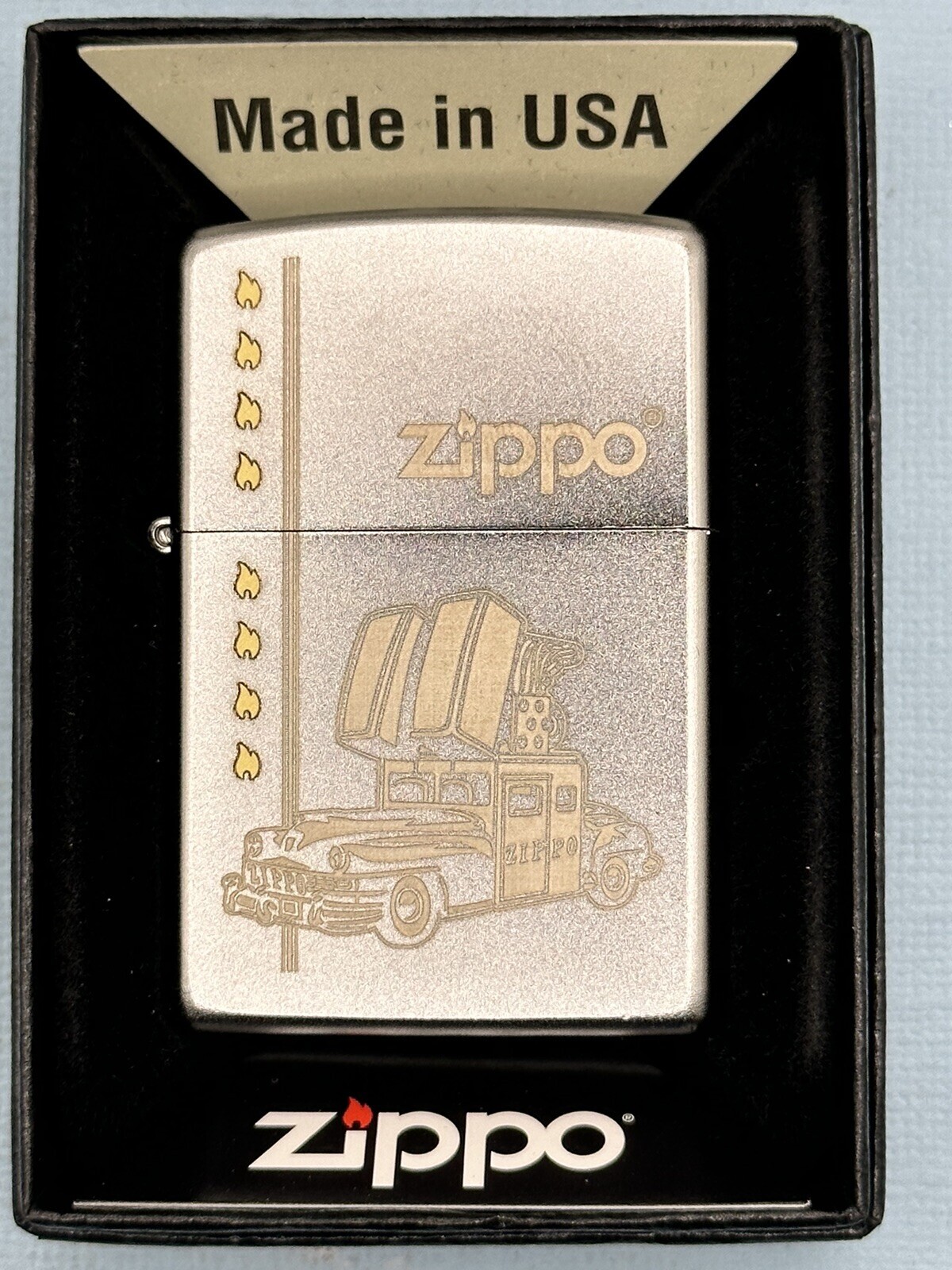 Iconic Zippo Car & Flames Chrome Zippo Lighter NEW