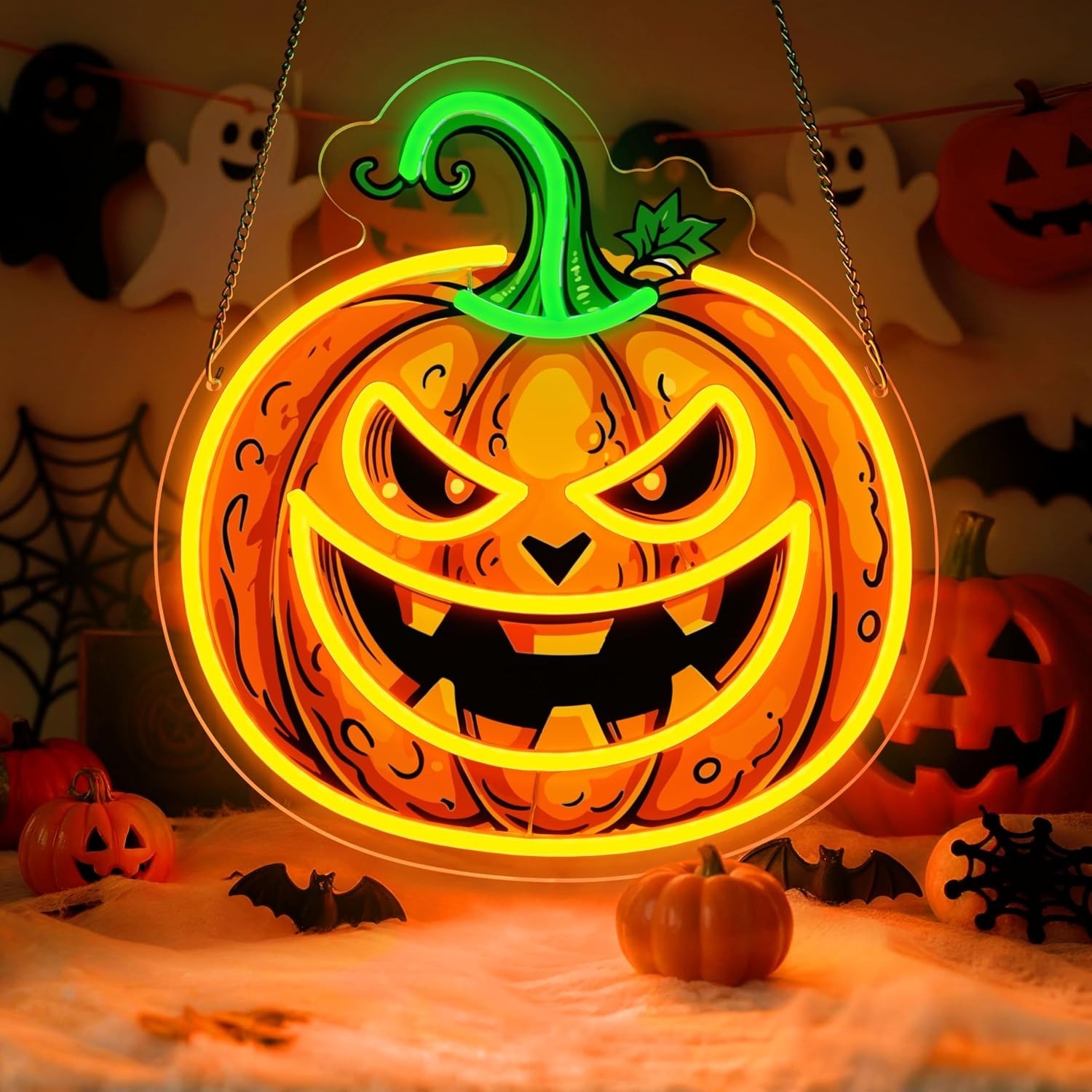 Halloween Pumpkin Neon Sign LED Light, Dimmable Orange Wall Decor