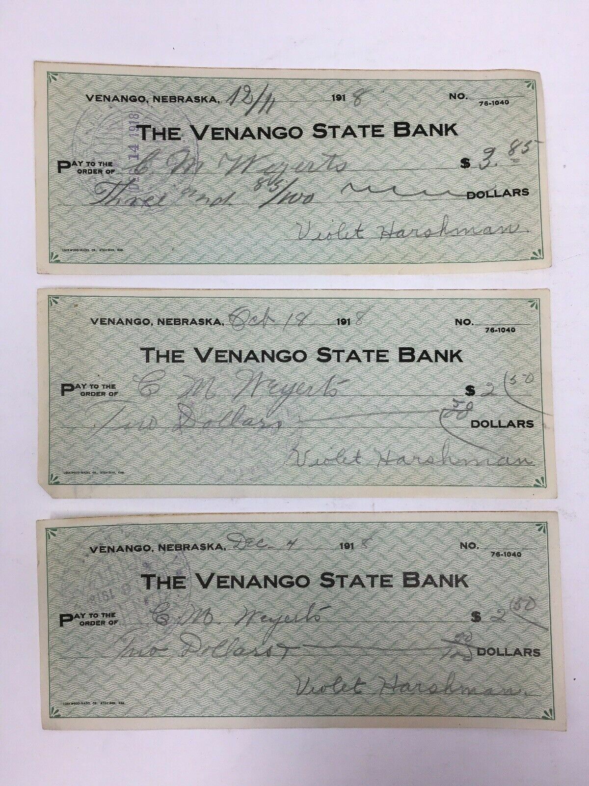 The Venango State Bank 1918 Cancelled Checks Nebraska Lot of 3