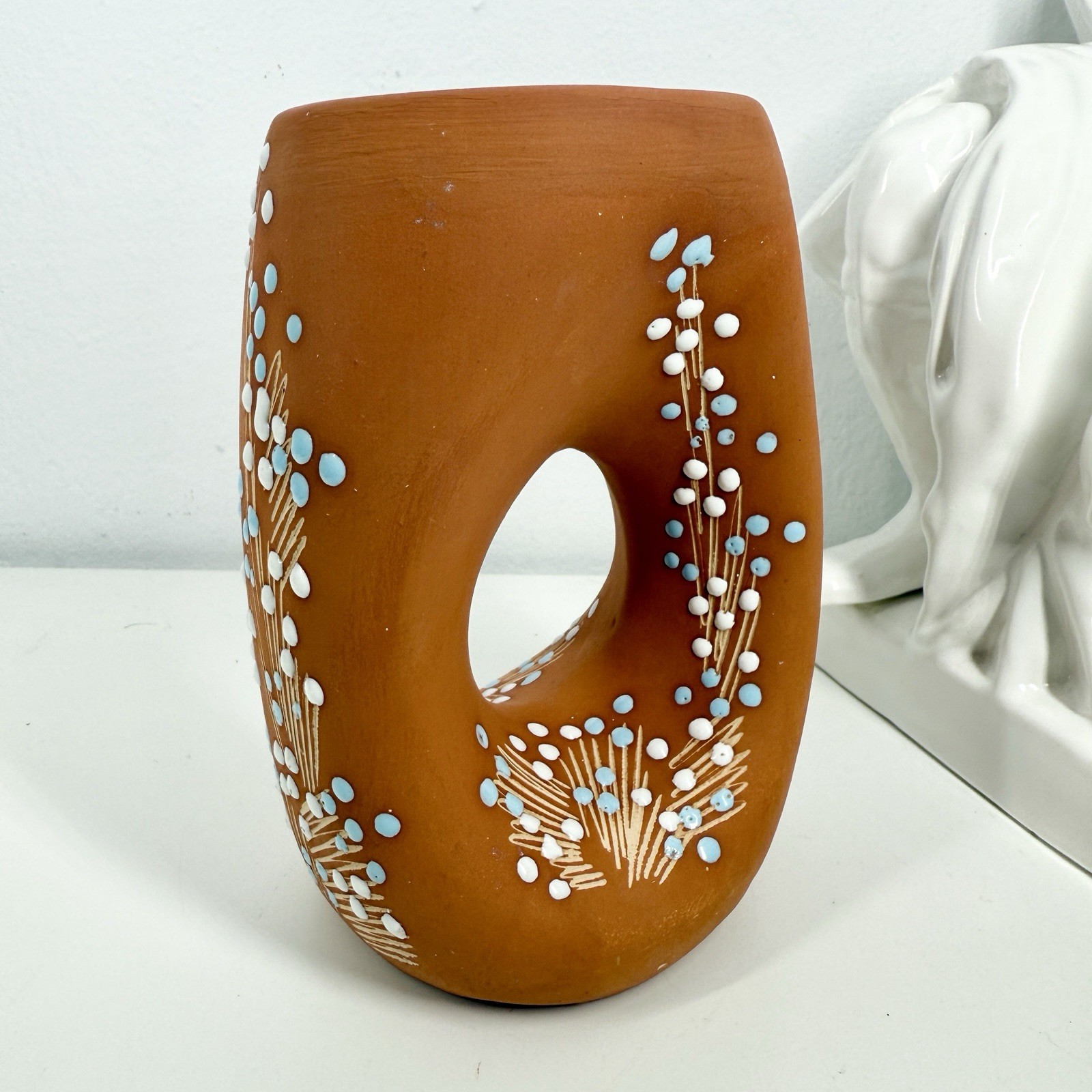 TERRA COTTA Handmade BUD VASE F32 Sgraffito Slip Glaze MCM Signed Argentina