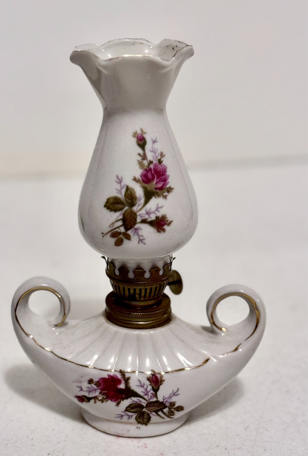 Vtg RoseBud Floral Oil Lamp GenieAladdin Porcelain Japan FingerLoop Goldtrim
