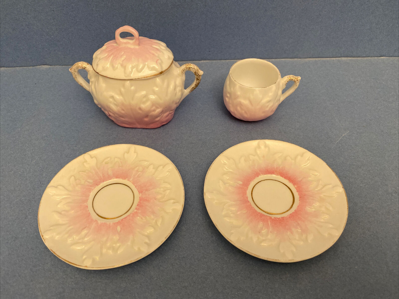 Vintage Porcelain White & Pink Tea Cup, Saucers and Covered Sugar Bowl, Embossed