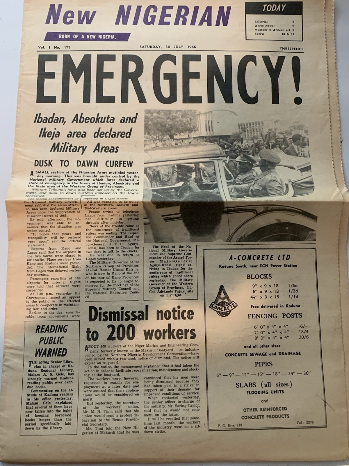 1966 July 30 “New Nigerian” Newspaper Ikeja Road Massacre Dusk Dawn Curfew