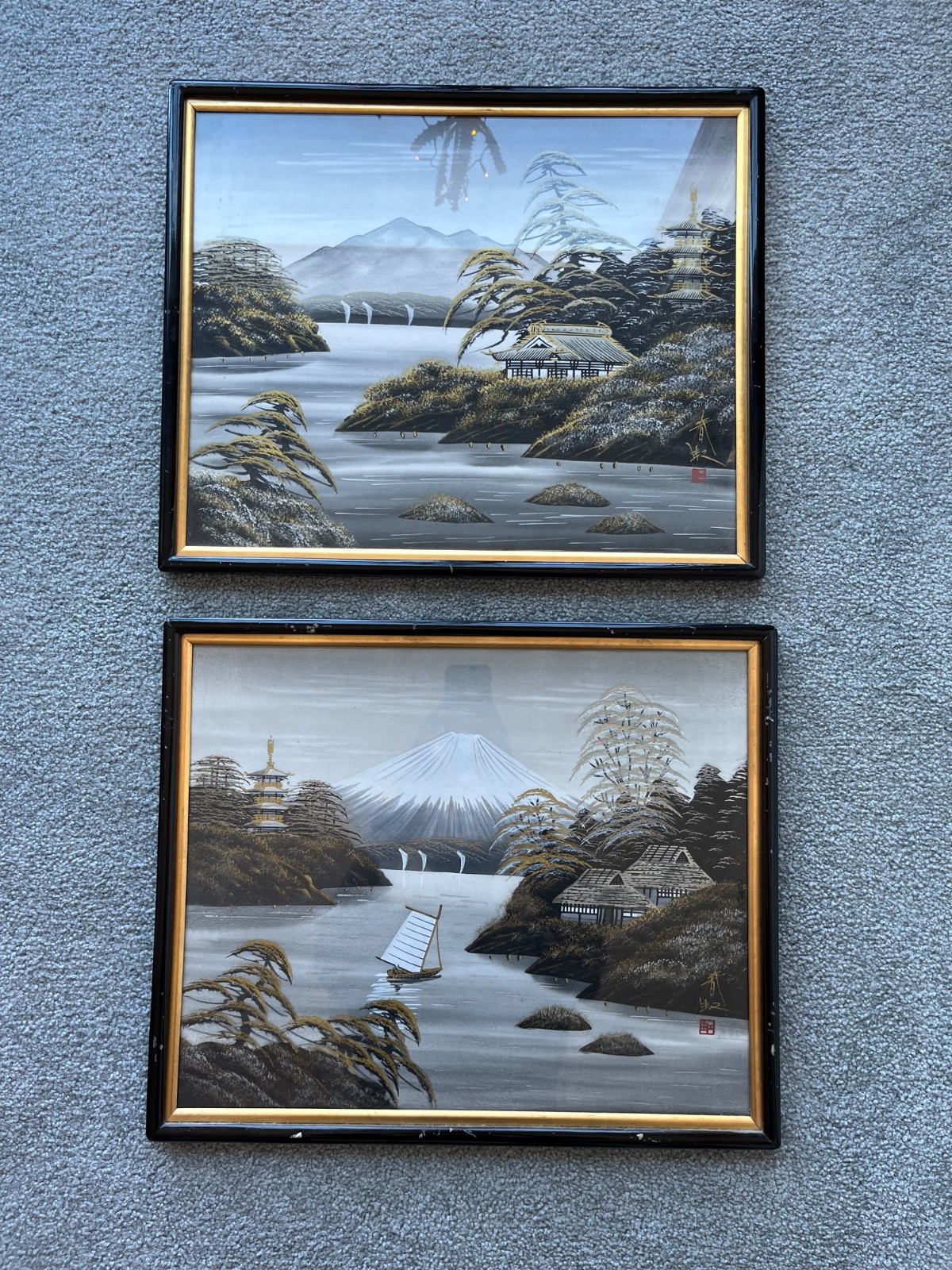 Vintage Japanese Embroidery Silk Tapestry Framed Art Boat Fishing Mt Fuji, Set 2