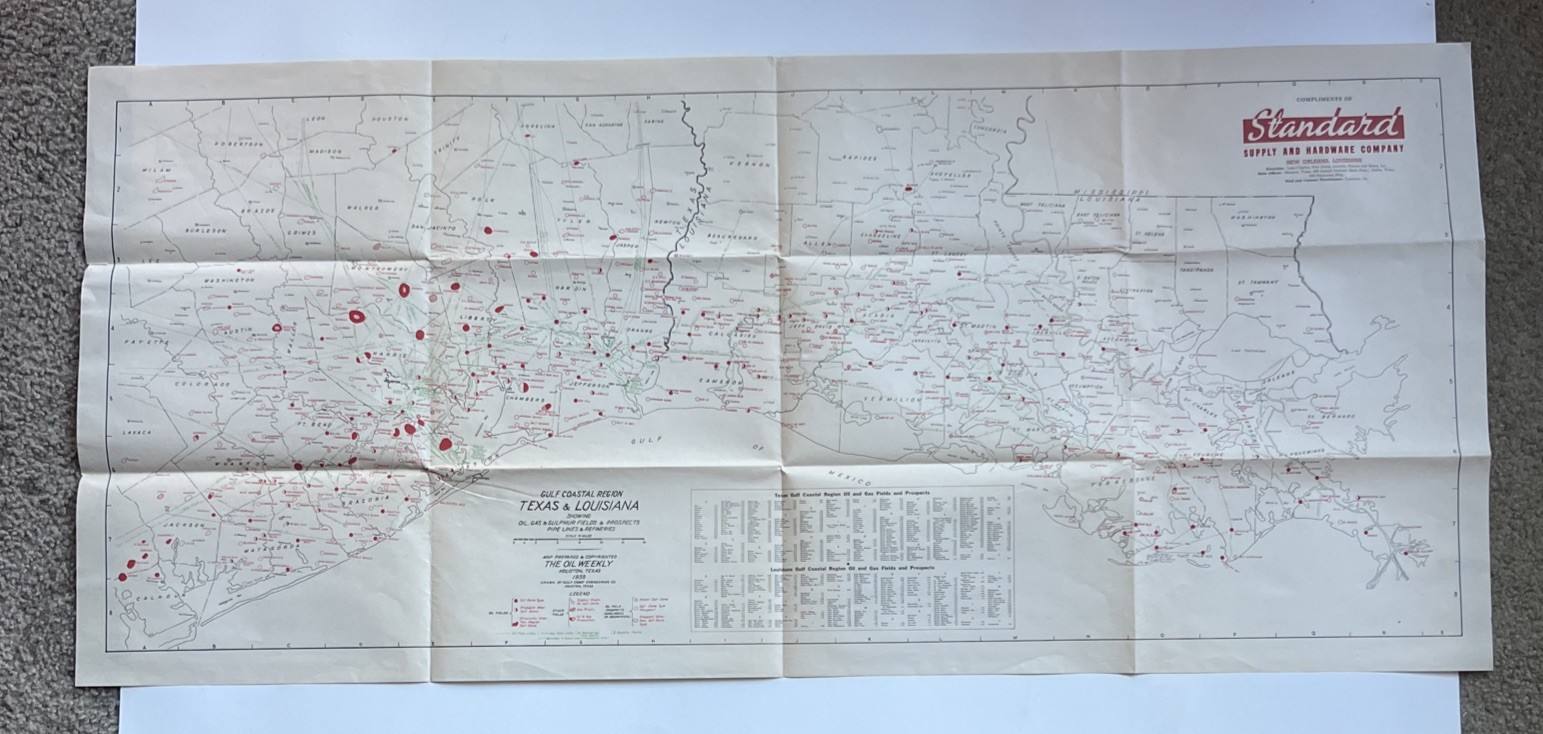 Original 1938 Texas & Louisiana Gulf Coast Map Of Oil, Gas & Sulphur Prospects