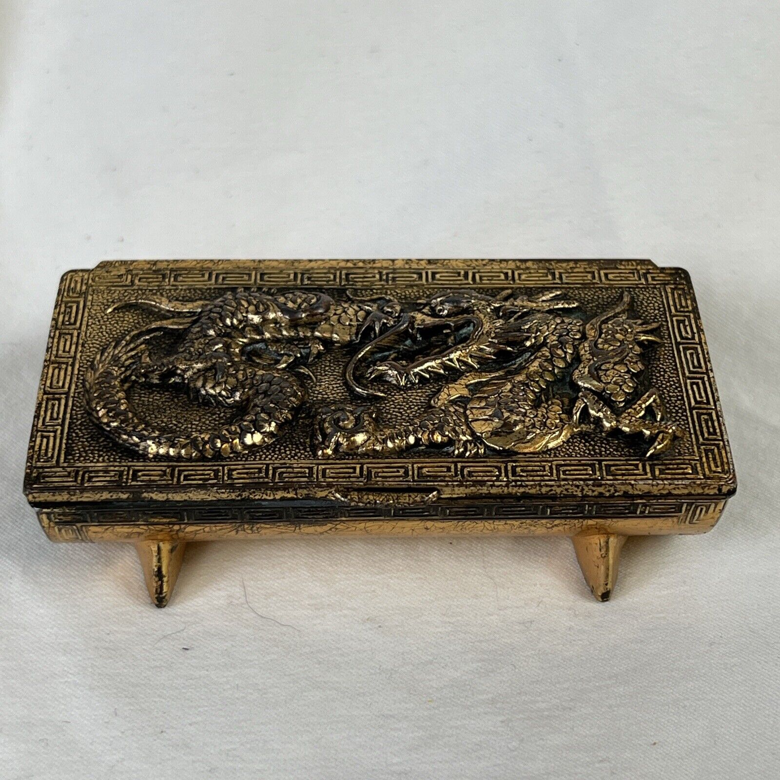 Vintage Brass Dragon Hinged Box JAPAN~ Footed Trinket Stamp Holder