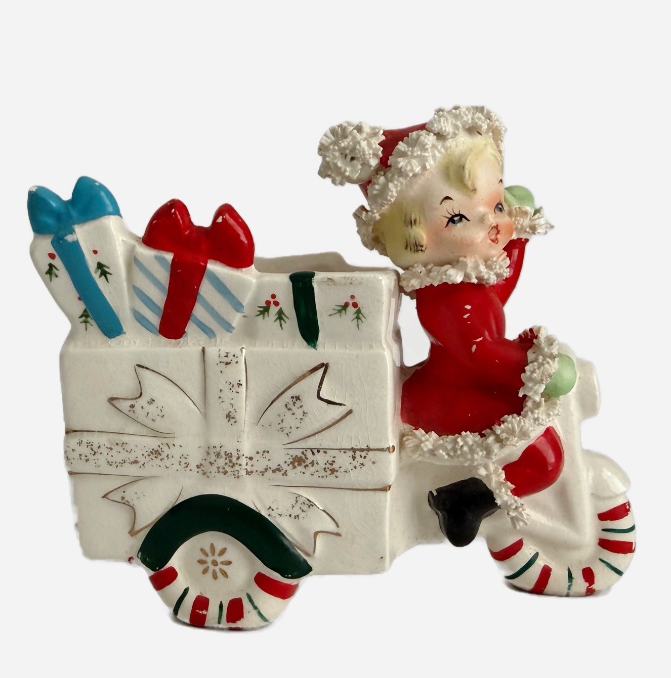 VTG 1960 Samson Relpo 496 Girl Tricycle Wagon Christmas Planter Spaghetti Trim