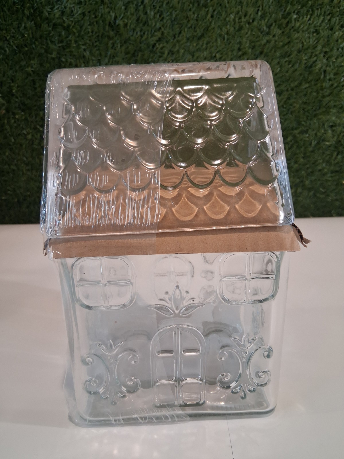 Festive Voice Clear Glass House Jar Canister Cookie Candy Container Lid Lot New