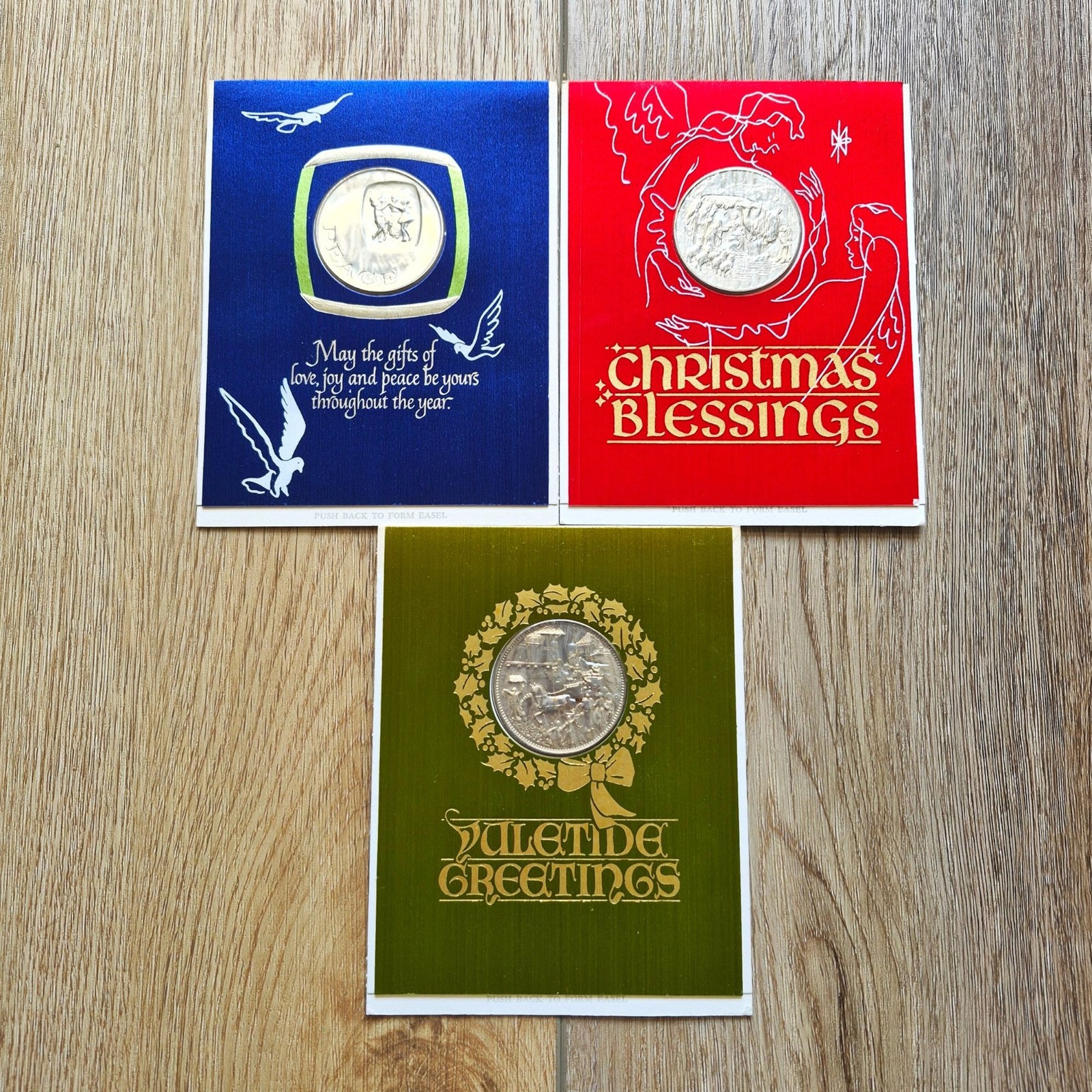 3 Vintage Franklin Mint Christmas Medallion Coin Greeting Card Holiday Lot 1968