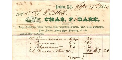Chas F. Dare Apothecary Receipt Bridgeton NJ 1874 Drugs Medicines Cattell Rx Chas F. Dare Apothecary Receipt Bridgeton NJ 1874 Drugs Medicines Cattell Rx