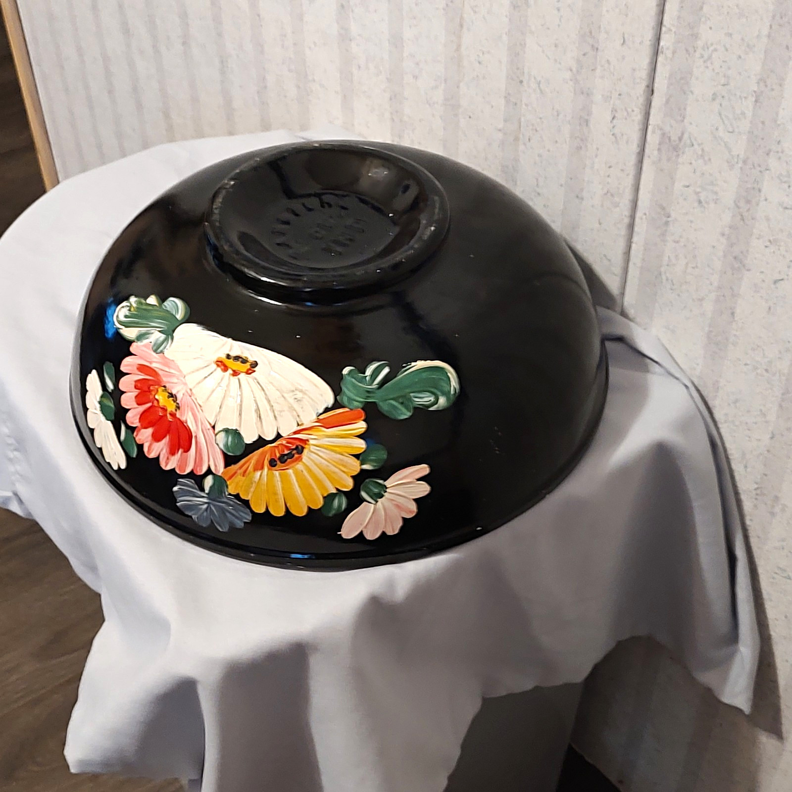 Black & White Ceramic Floral Round Bowl Pink Yellow Green Accents Ransburg, rare