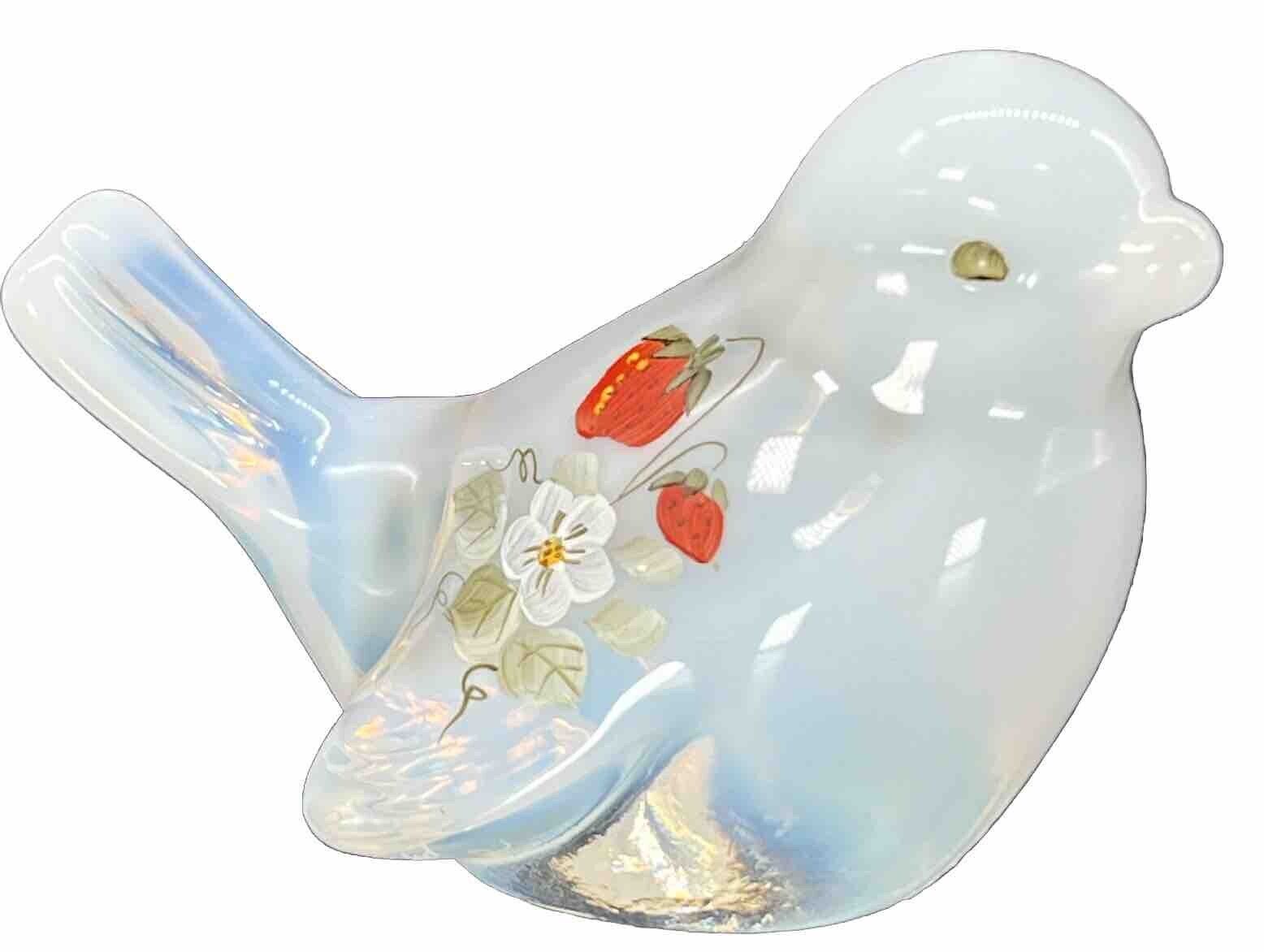 Fenton Hand Painted Strawberry Decorated Art Glass Bird Signed Marked Vintage