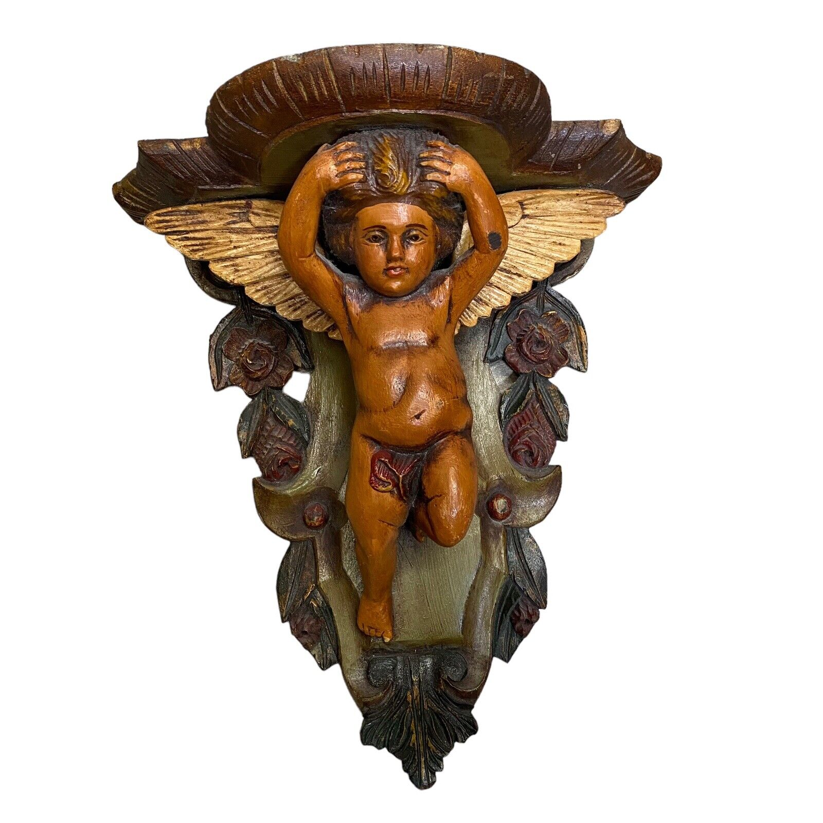 Vintage Carved Shelf Cherup Figural Winged Angel Wall Decor - 17x14”