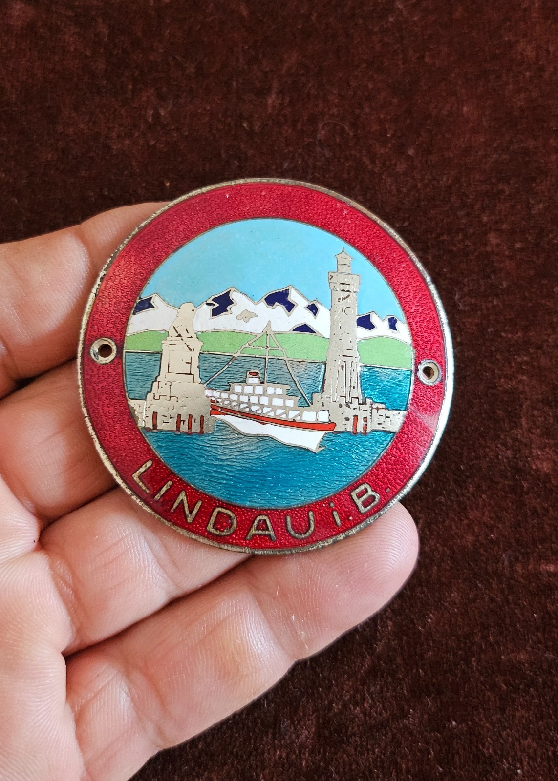 VINTAGE ENAMEL AUTOMOBILE RADIATOR CAR BADGE # LINDAU LAKE CONSTANCE GERMANY