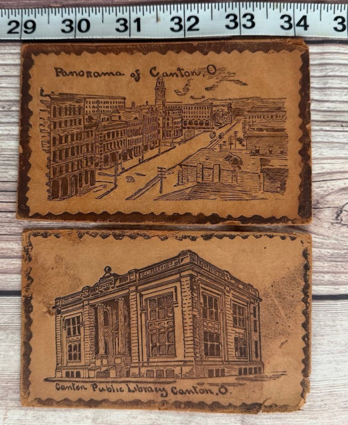 Lot of 2 Vintage Postcards Canton Oregon Library/Panorama - Feels Like Leather