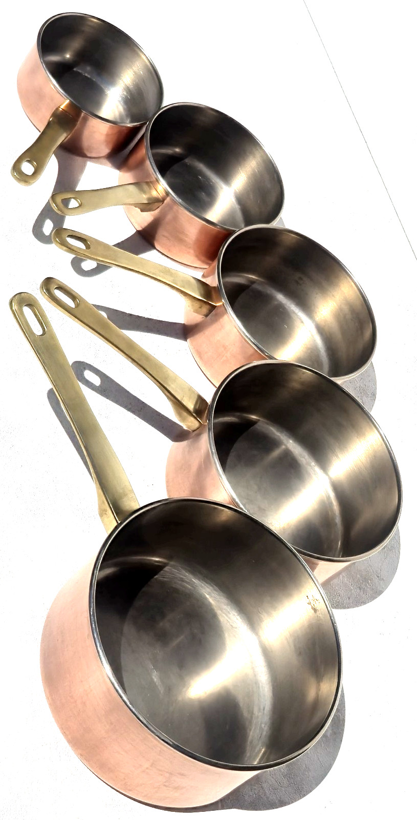 Vintage French Copper Pan Set of 5 Stainless Steel Lining Bronze Handles 8.6lbs