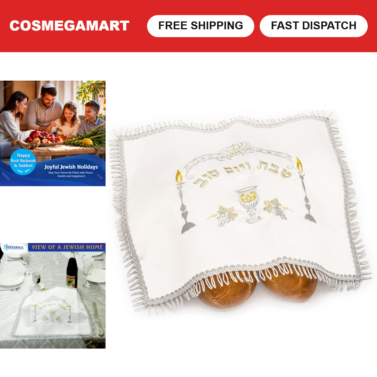Elegant White Satin Challah Cover for Shabbat Bread with Silver & Gold Embroider