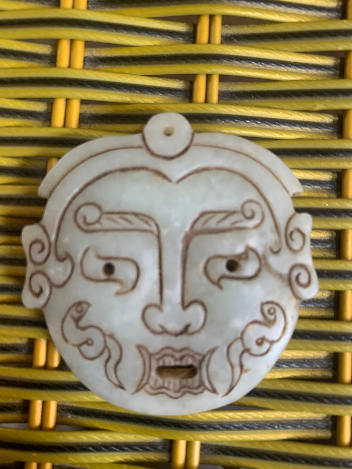Excellent Rare Chinese HeTian Jade Hand Carved *Ancient Mask* Pendant