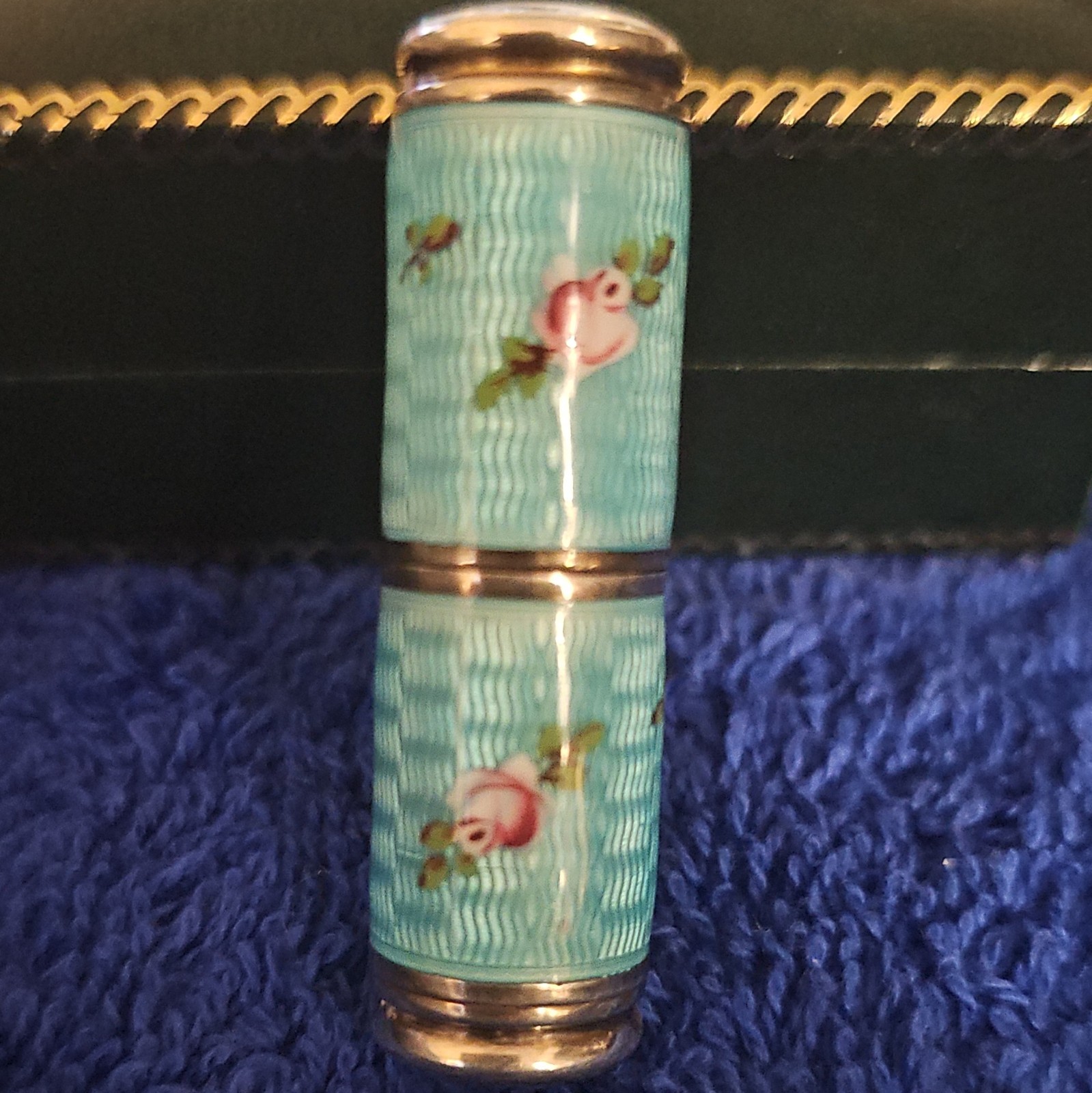 Antique Art Deco Sterling Silver Blue Guilloche Enamel Lipstick Holder Case