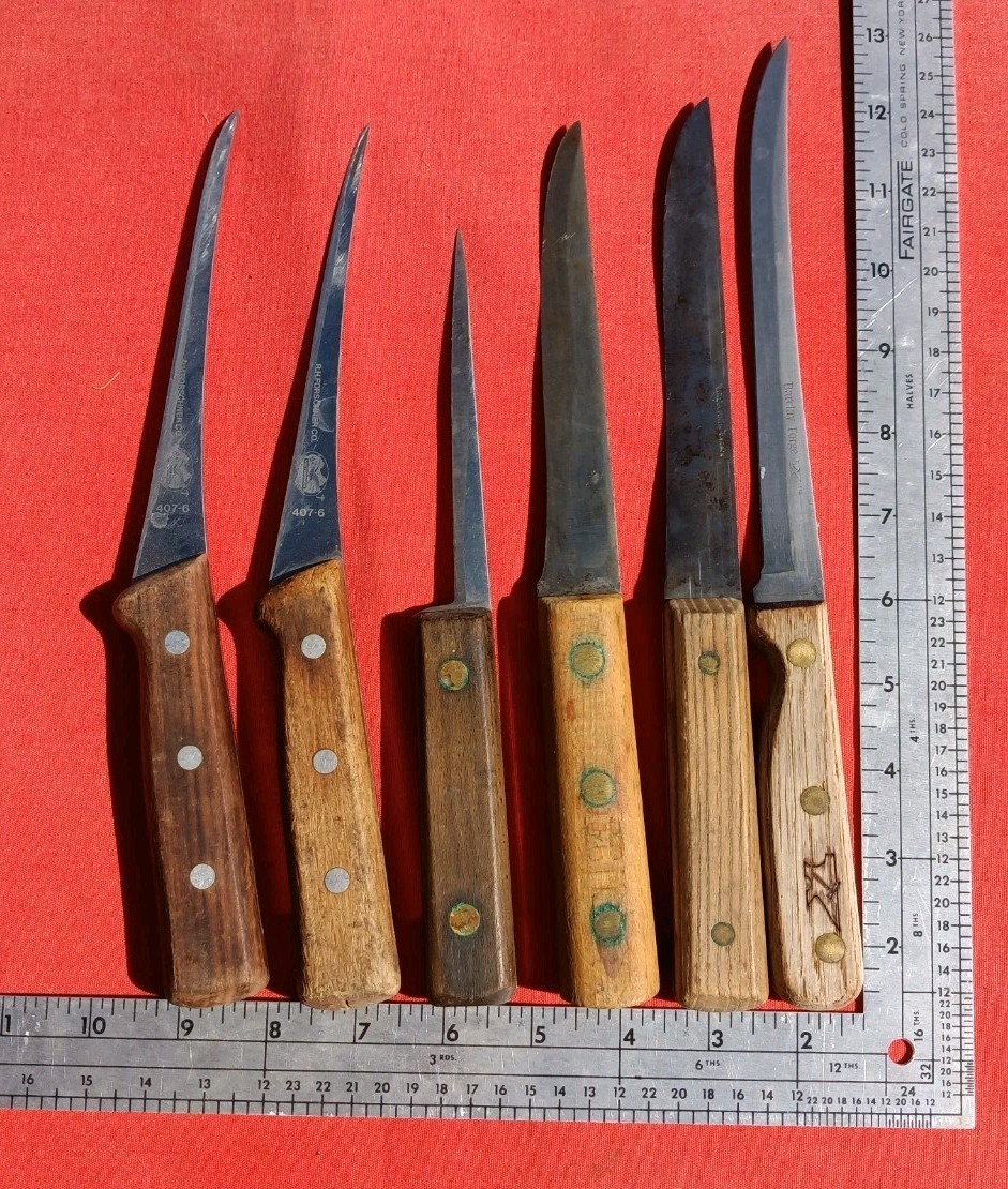 Vtg. Carbon Steel Butcher Knife Lot of 6. R.H. Forschiner/ Forgecraft/ Barclay 