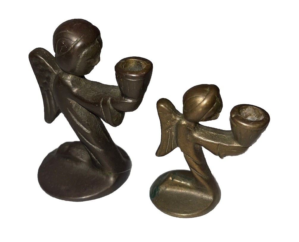 2 cute Vintage Brass Christmas Kneeling Angel Taper Candle Holder Mini Figurines