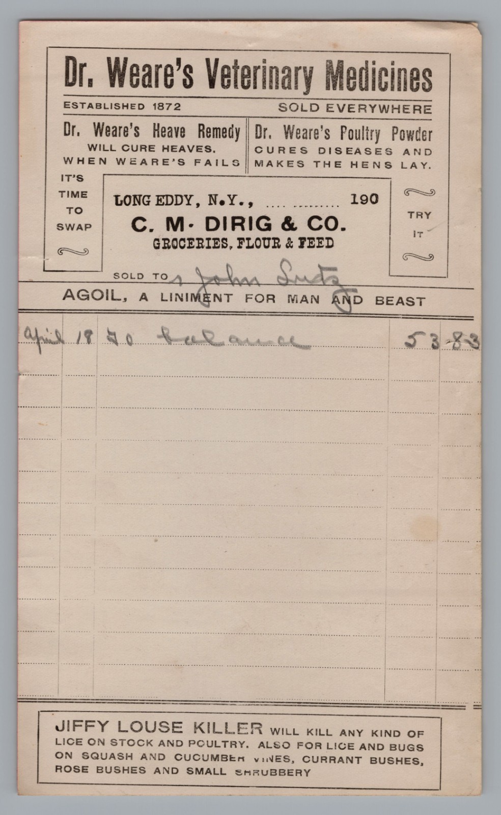 1900 billhead Dr. Weare's Veterinary Medicines CM Dirig & Co Long Eddy, NY RARE