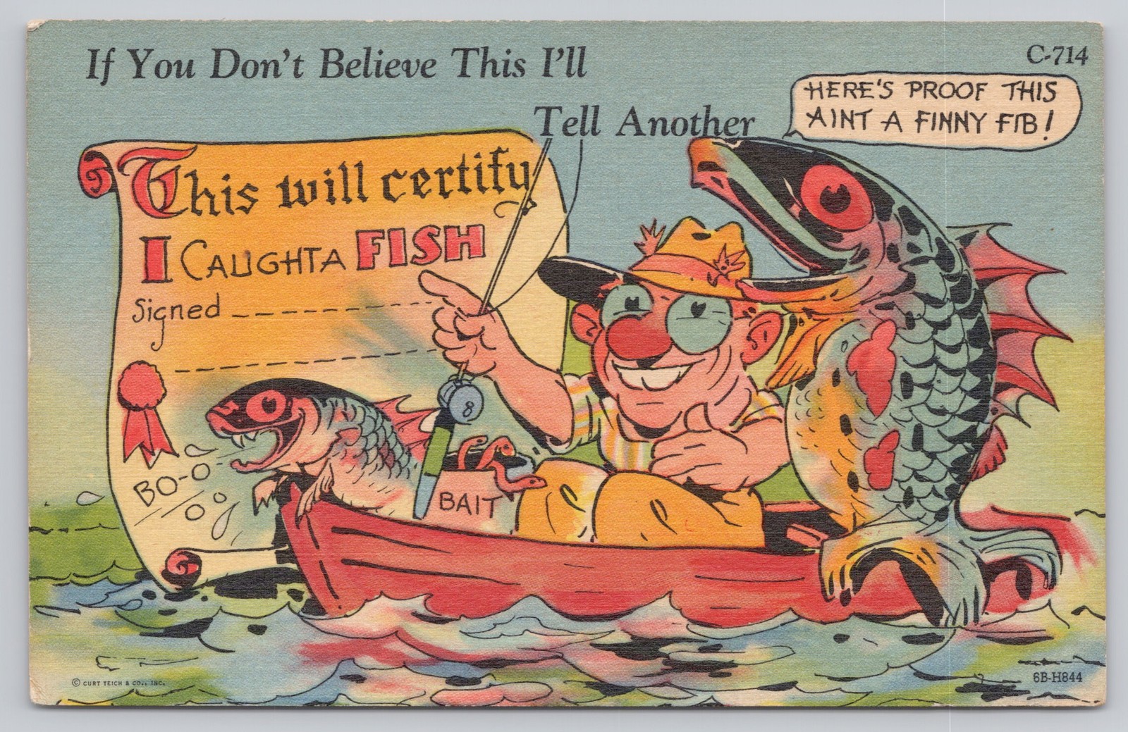 Vintage Curt Teich Comic Fishing Postcard \'I Caught a Fish\' C-714