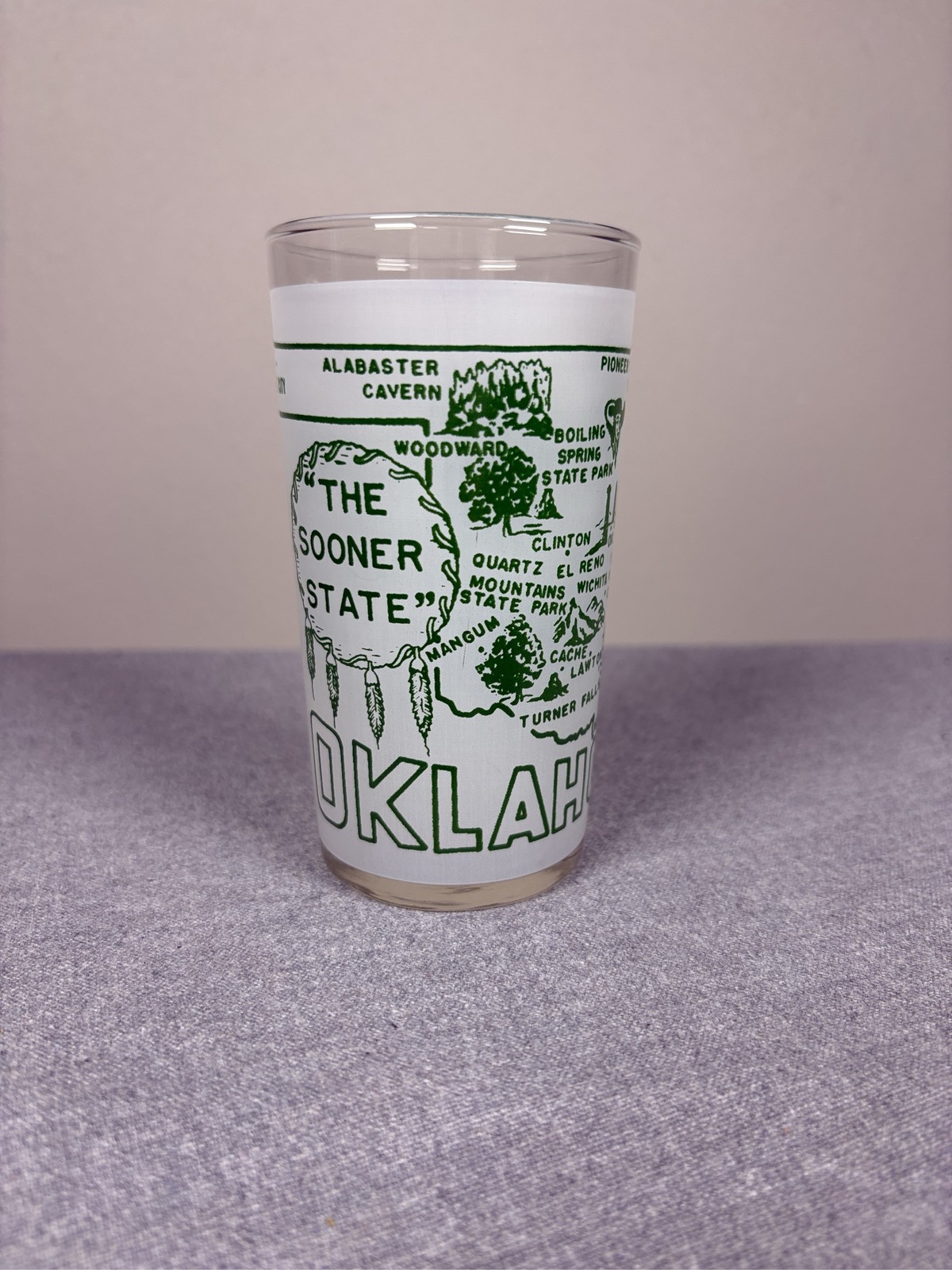 VTG Hazel Atlas Oklahoma The Sooner State Map Frosted Glass Tumbler Souvenir
