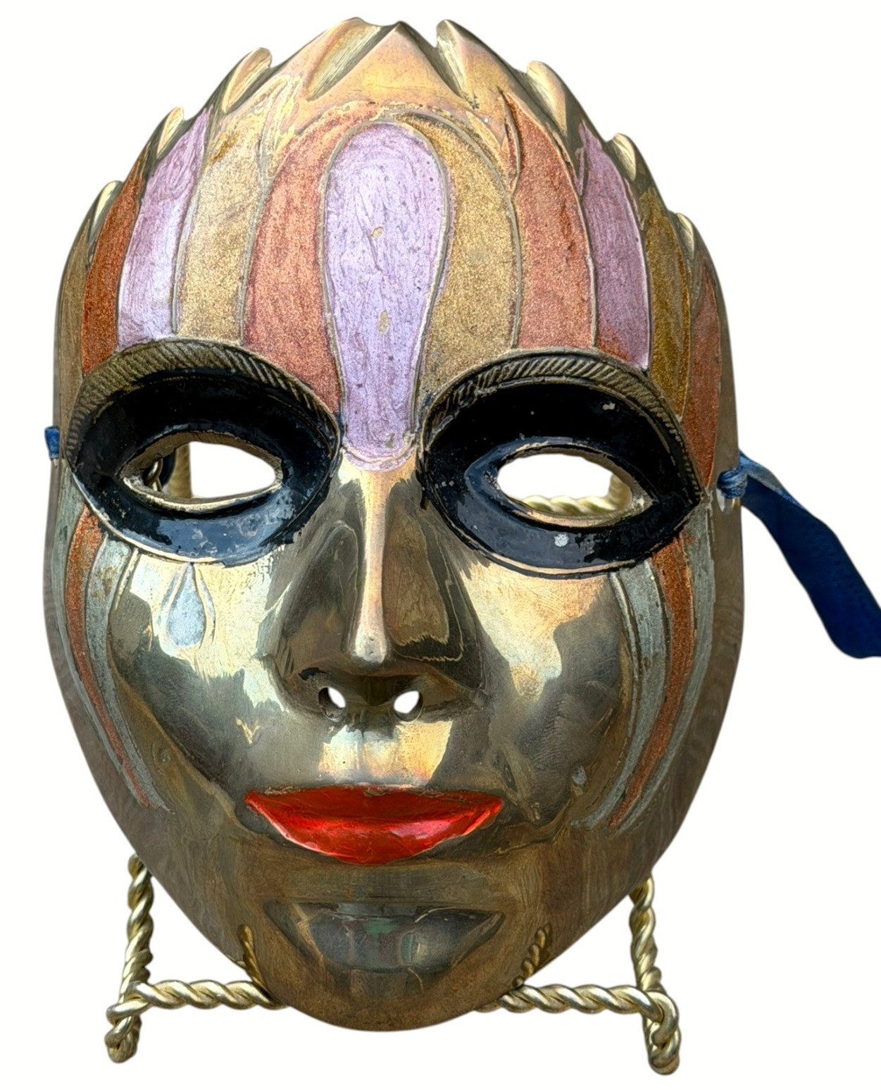 Vintage Solid Brass Masquerade Face Mask Hand Painted India Wall Decor 6\