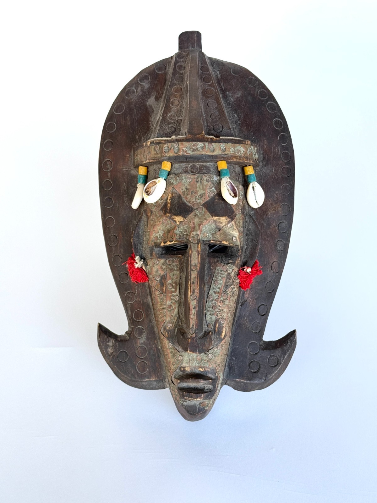 Vintage Marka Bamana African Mask Mali Hammered Brass Copper Cowrie Shells