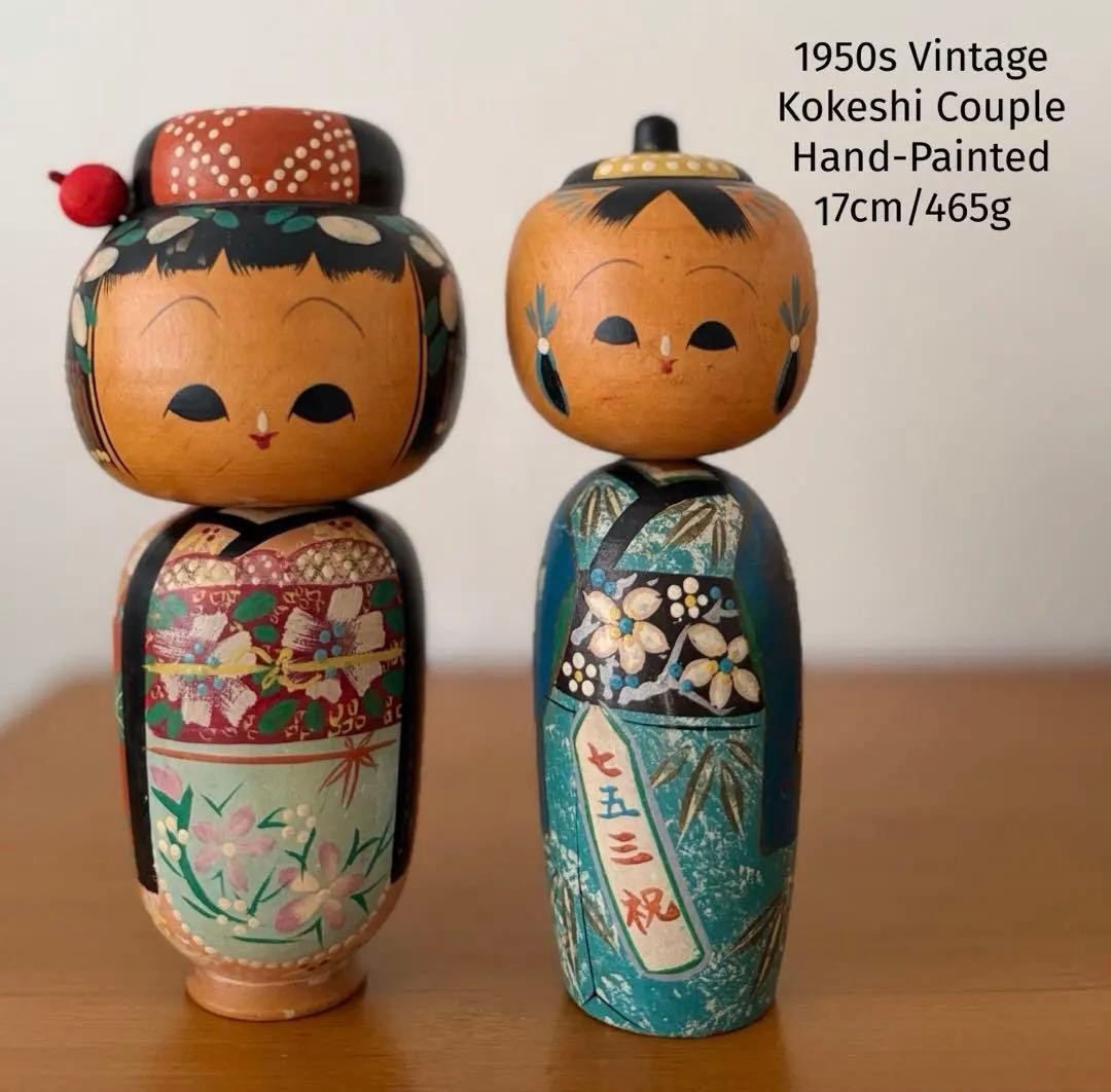 Vintage Showa Kokeshi Pair Painted Kimono 17cm 465g Collectible 15+
