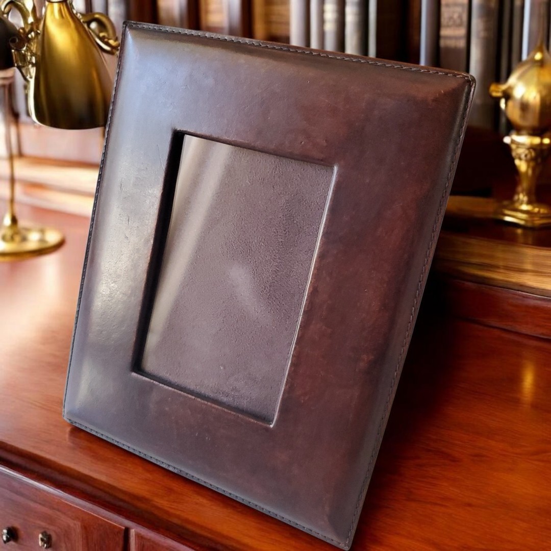 VTG Handcrafted Brown Aged All Leather Photo Frame 6