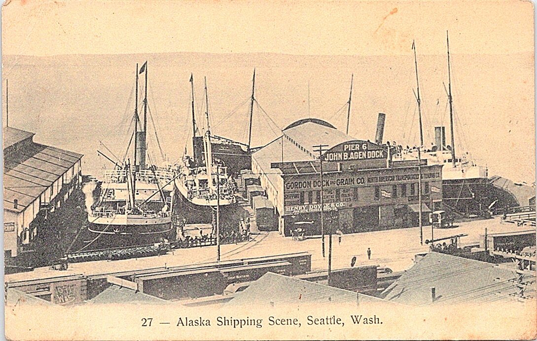 Lithograph Seattle WA Alaska Shipping Scene at John Agen Dock early 1900s