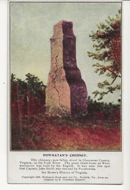 1906 GLOUCESTER VIRGINIA VA VIEW OF POWHATAN'S CHIMNEY - NUSBAUM BOOK STORE CARD