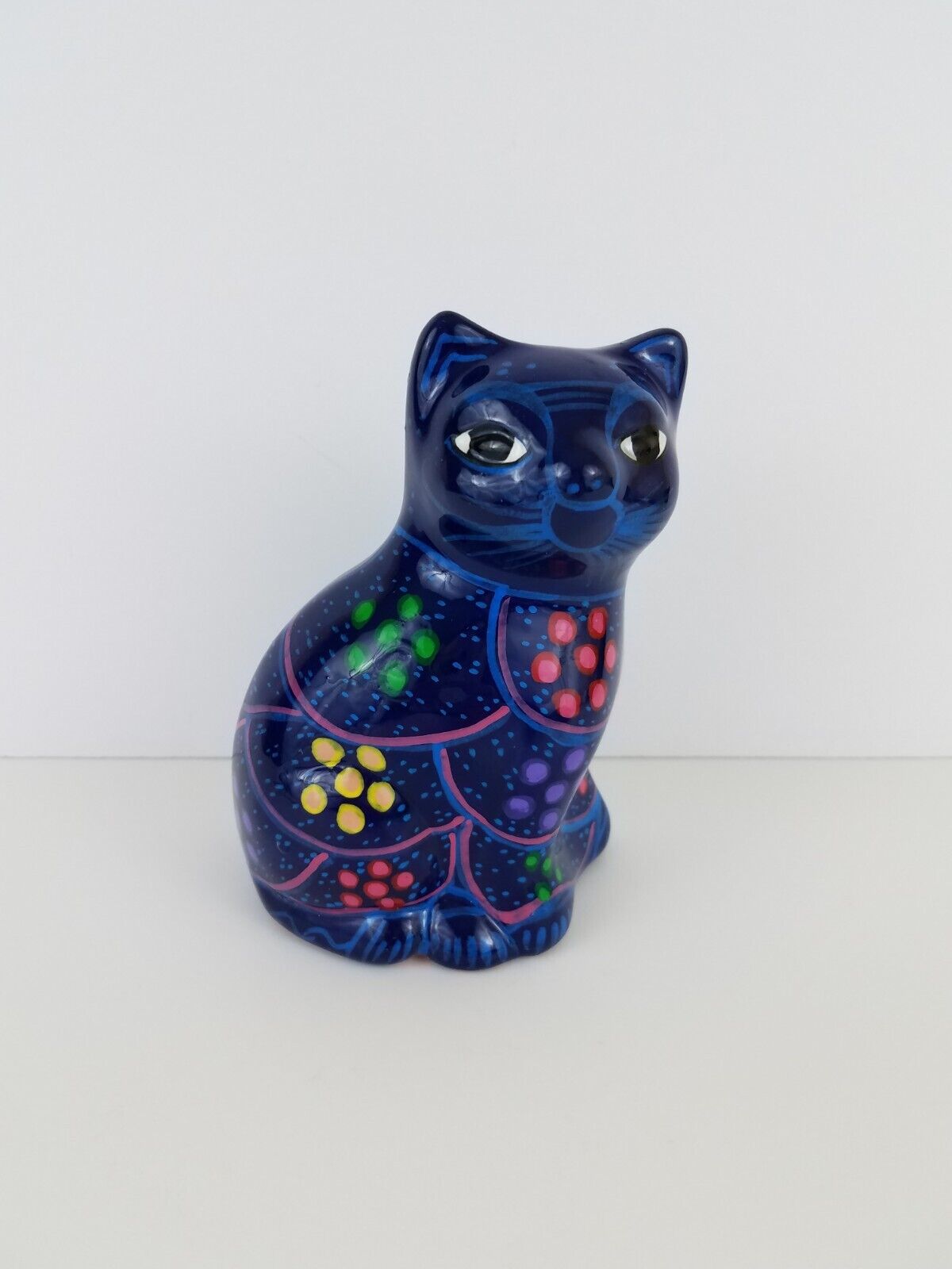 Clay Pottery Hand Painted Colorful Folk Art Blue Cat Figure 5.25\