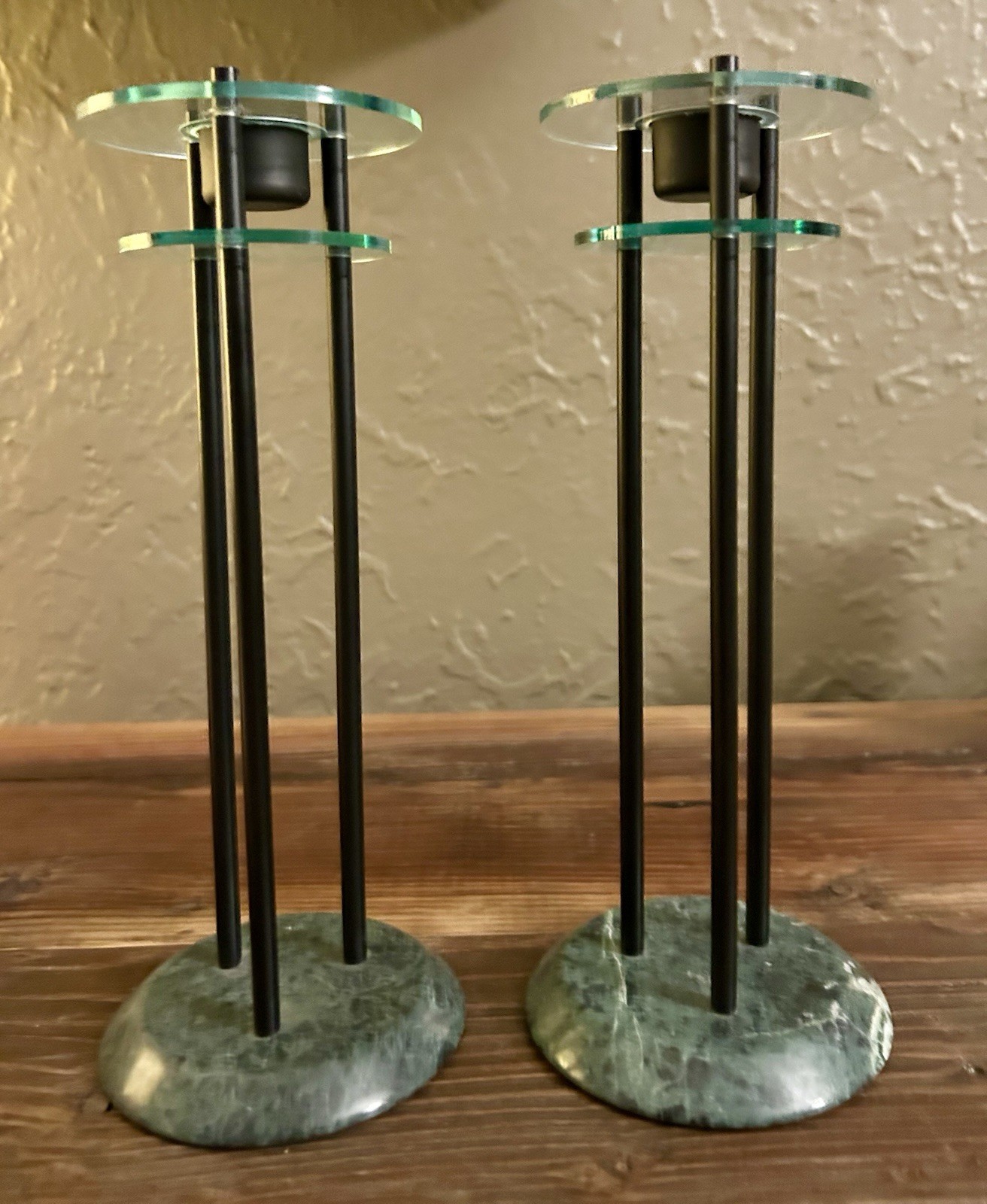 Vintage 1980s Pair of Milano Series Candlesticks Green Marble Memphis Style
