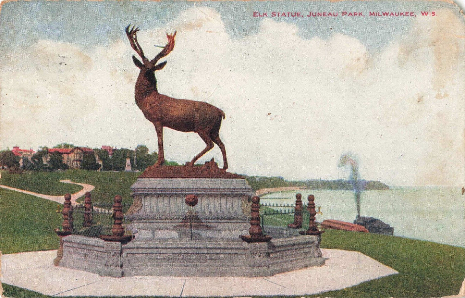 Milwaukee WI Wisconsin, Elk Statue, Juneau Park, Vintage Postcard