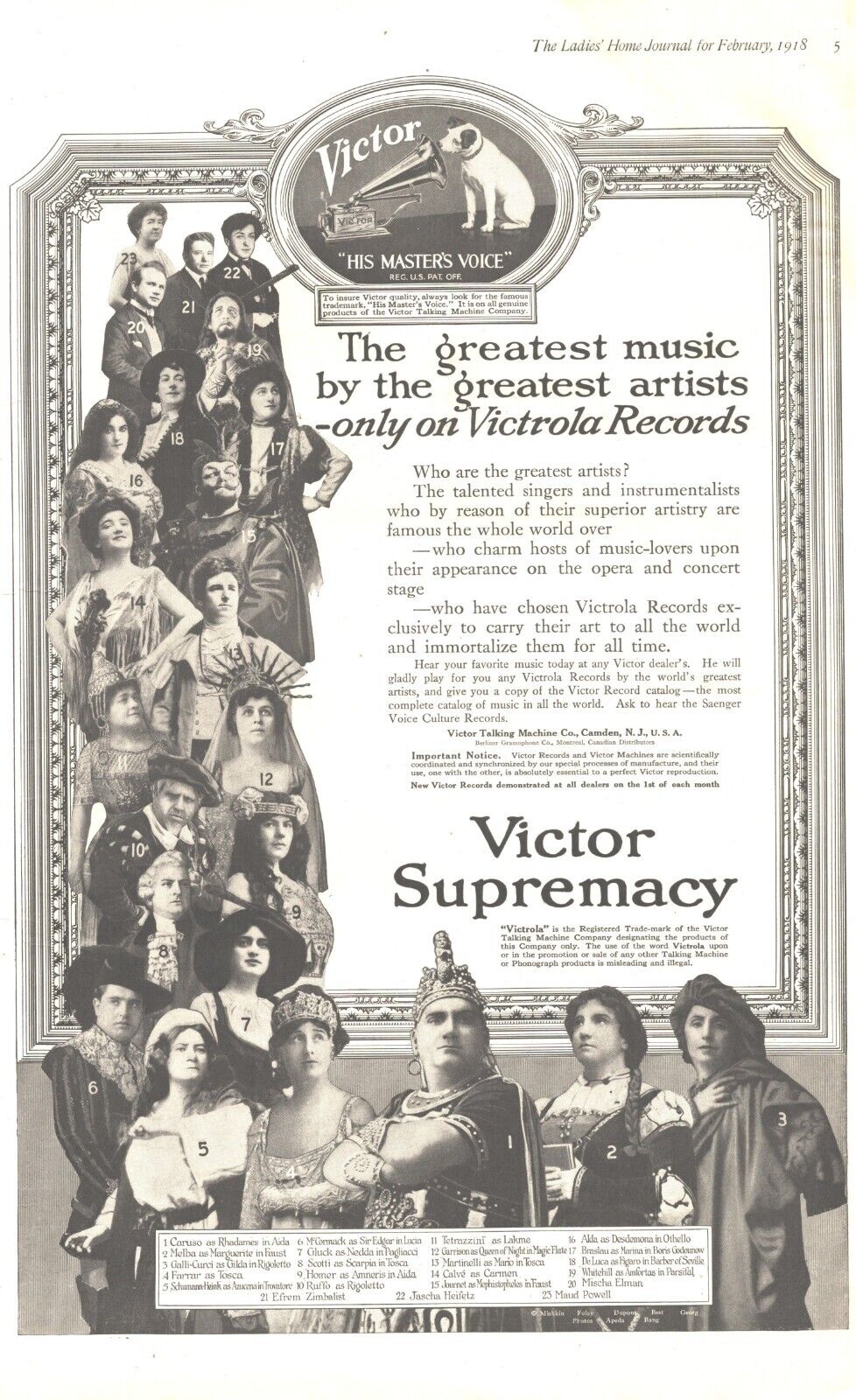 1918 Victor Phonograph Antique Ad WW1 Era Supremacy Enrico Caruso