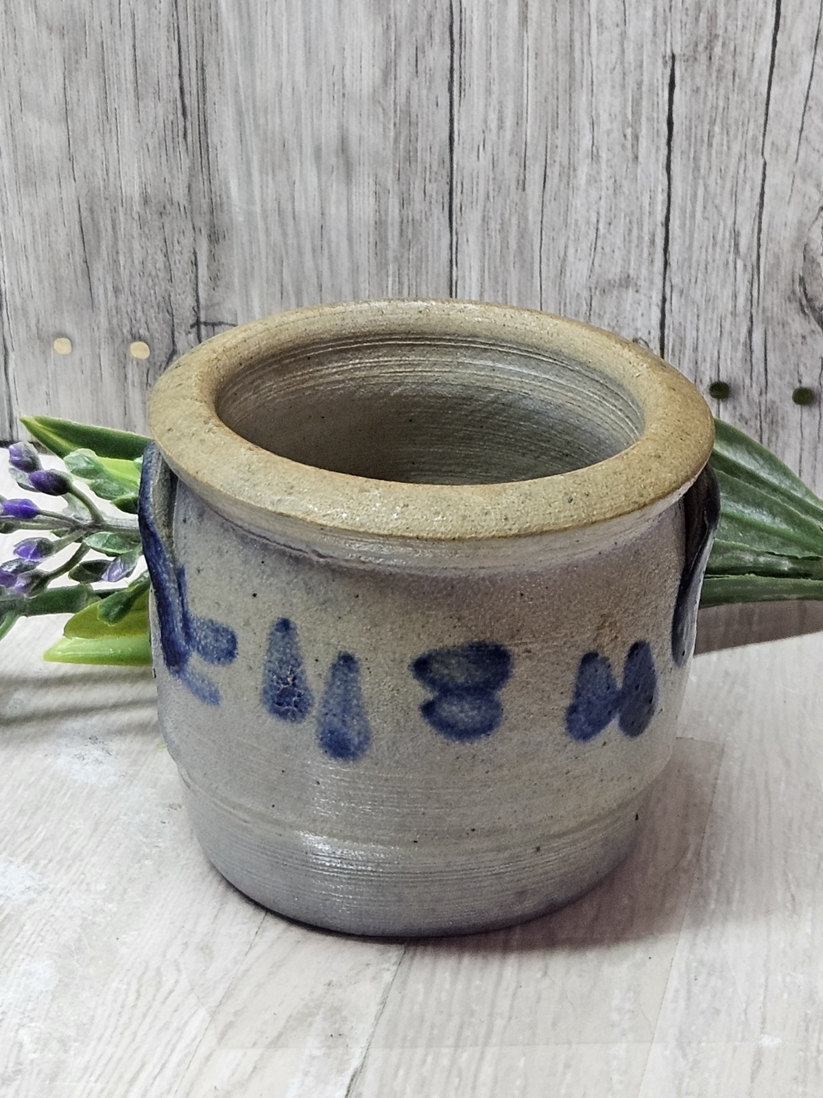 Vintage Western Germany Mini Salt Glaze Stoneware Crock Cobalt Blue Handles READ