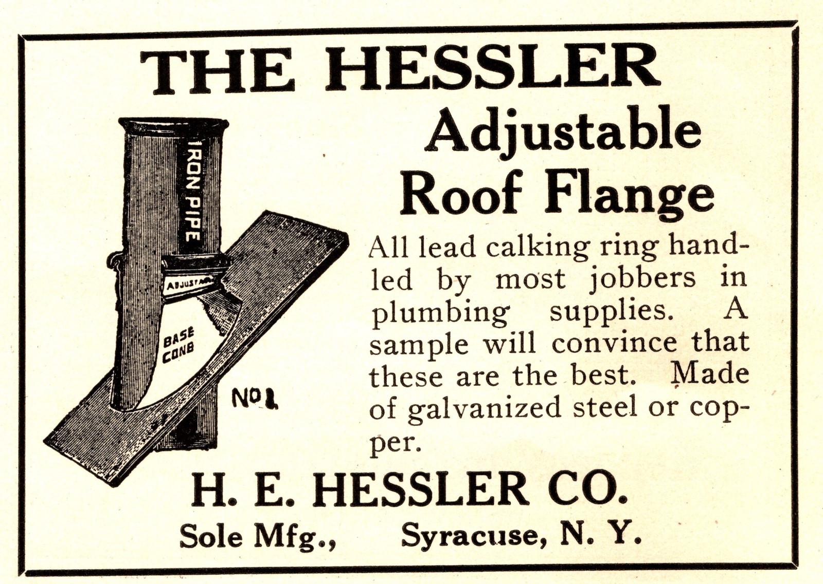 1923 The Hessler Roof Flange Print Ad / Advertisement (3.5in X 2.5) Syracuse, NY