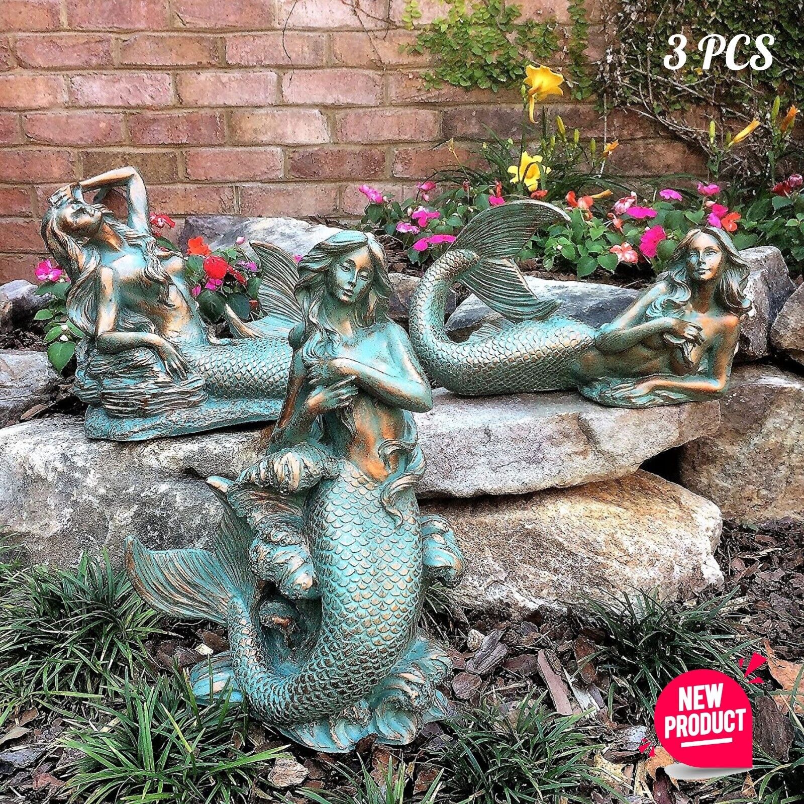 Antique Bronze Patina Mermaid Sculptures Siren Statues Nautical Pool Pond Decor