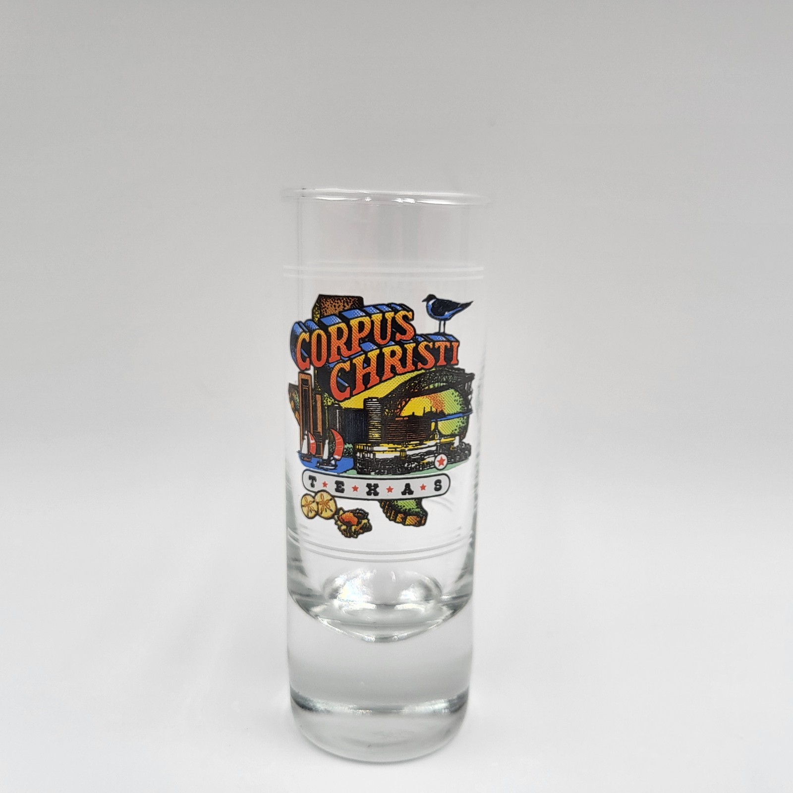 Shot Glass, CORPUS CHRISTI TEXAS with Description of Town on Back of glass