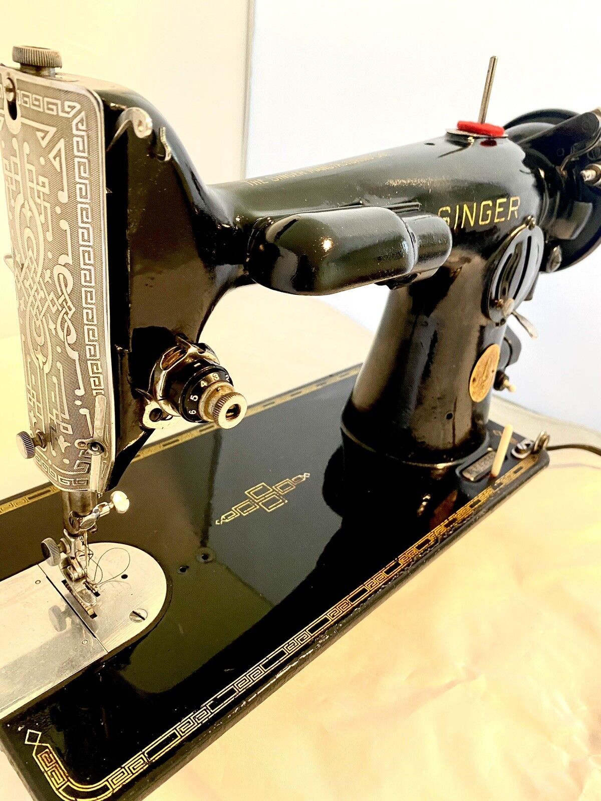 Vintage Singer 201 Sewing Machine Denim, Leather.  Scroll Face