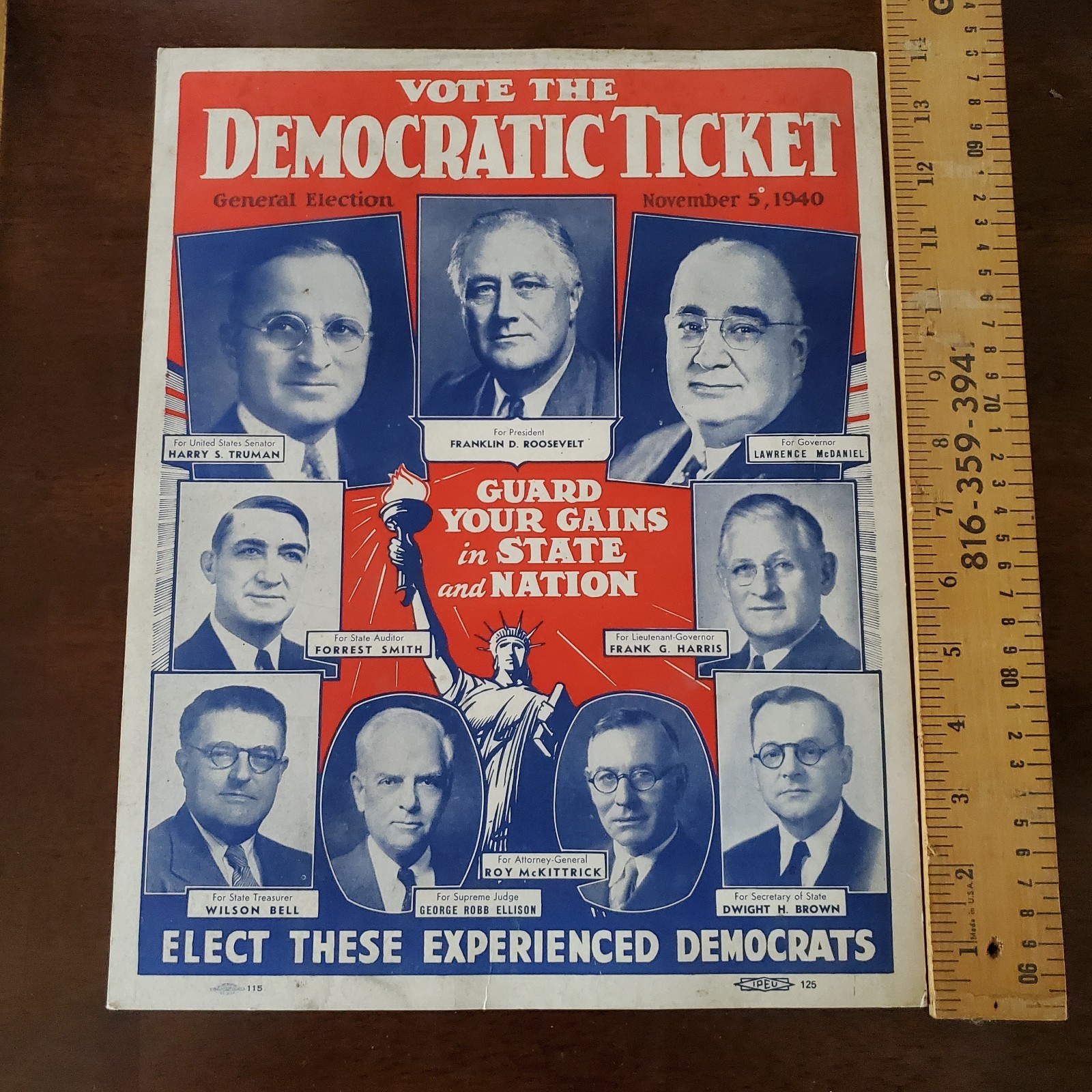 1940 Roosevelt Truman VOTE THE DEMOCRATIC TICKET Missouri Campaign Poster 1940 Roosevelt Truman VOTE THE DEMOCRATIC TICKET Missouri Campaign Poster