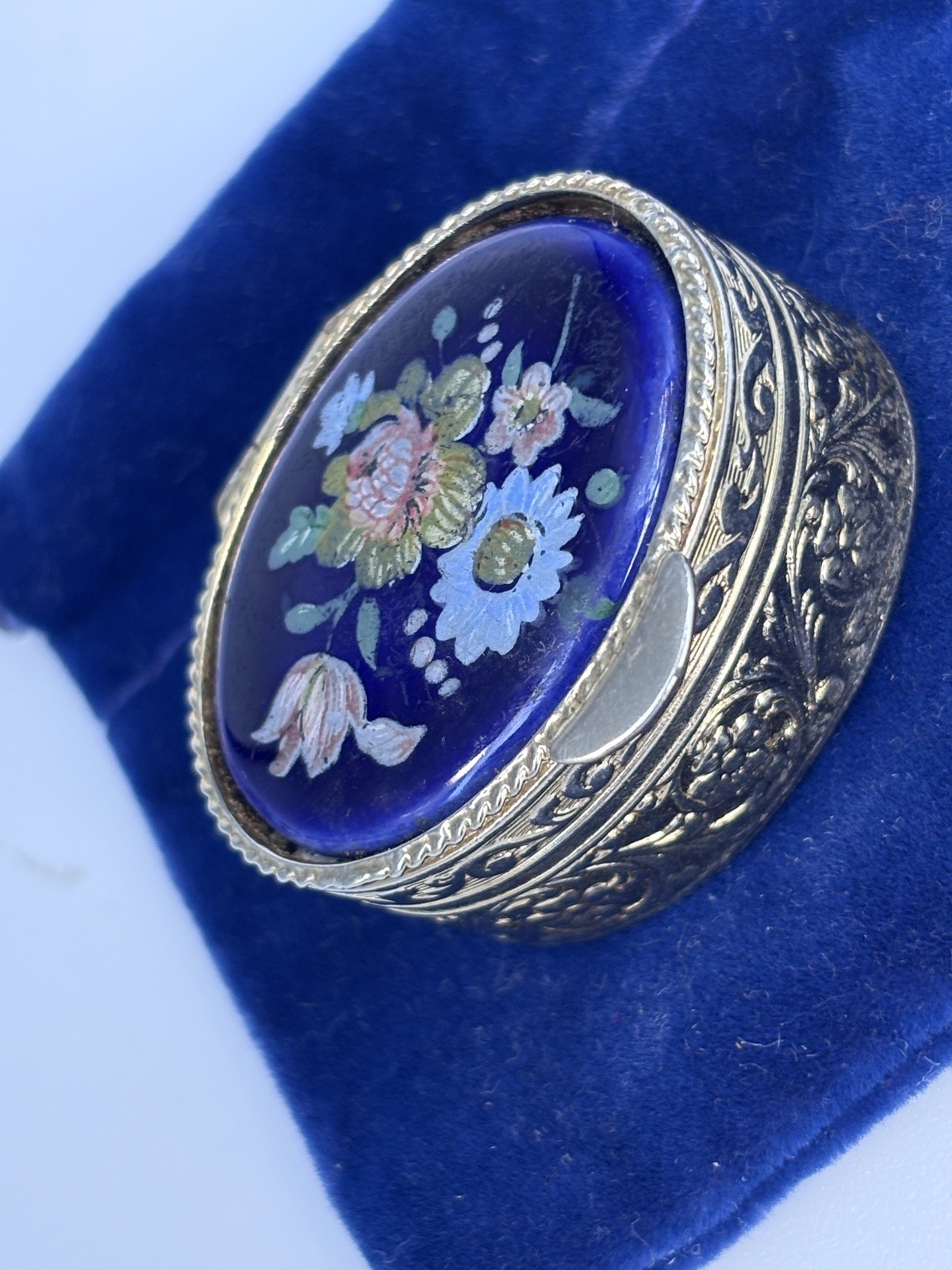 Antique European Glass Enamel Gilt Pillbox Depose Miniature Hand Painted Box Vtg