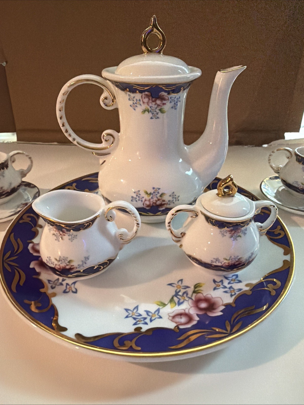Vintage Miniature Porcelain Tea Set Cobalt Blue Floral Gold Trim 9 Pc w/ Tray