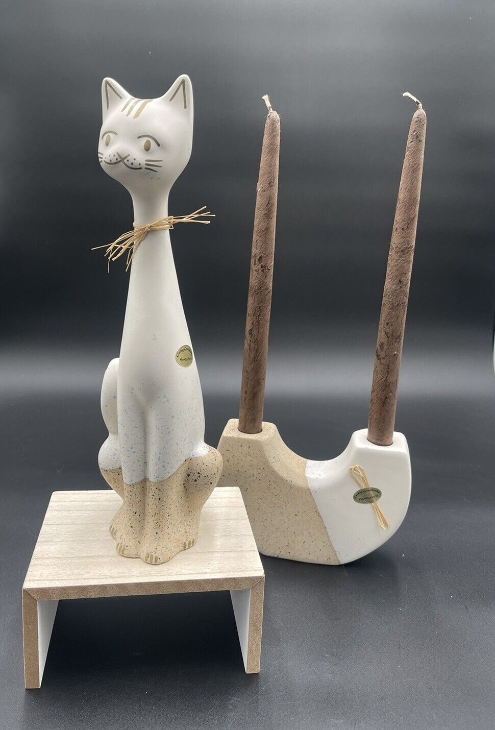 Vintage MCM Siamese Long Neck Pottery Cat With U Shaped Candle Holder Germany