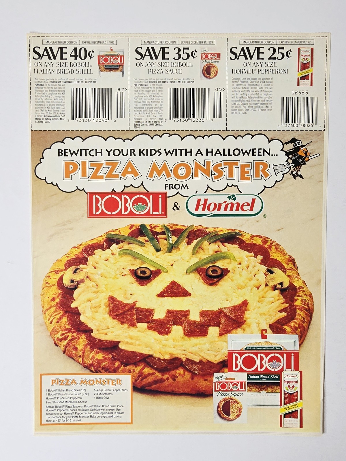 Boboli Hormel 1993 Halloween Pizza Monster Vintage Advertising Paper Sheet
